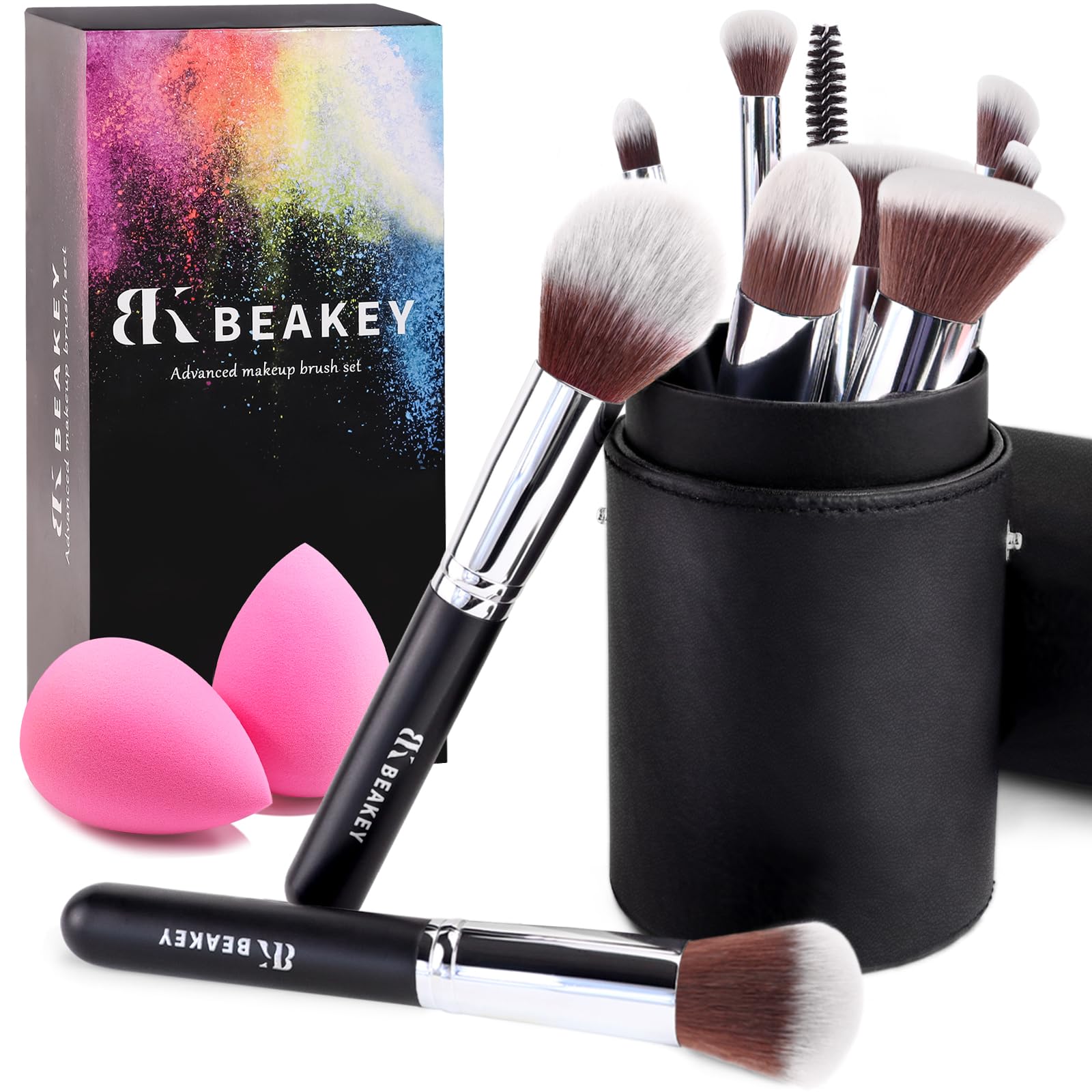 BEAKEY Pinceaux Maquillages Professionnel, Pinceau Maquillage Pour Fond de Teint Blush L'anti-cernes Fard à Paupières Poudre Libre, Avec Blender Eponge(10+2pcs, Noir/Argent) Skin Lab
