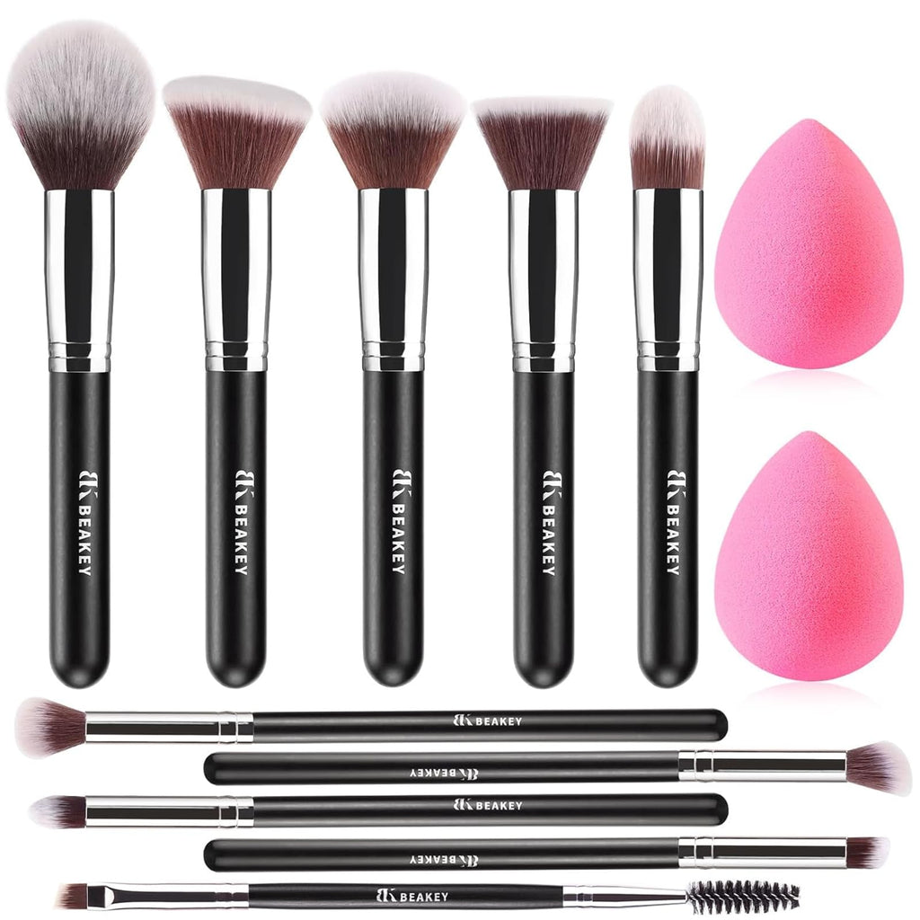 BEAKEY Pinceaux Maquillages Professionnel, Pinceau Maquillage Pour Fond de Teint Blush L'anti-cernes Fard à Paupières Poudre Libre, Avec Blender Eponge(10+2pcs, Noir/Argent) Skin Lab