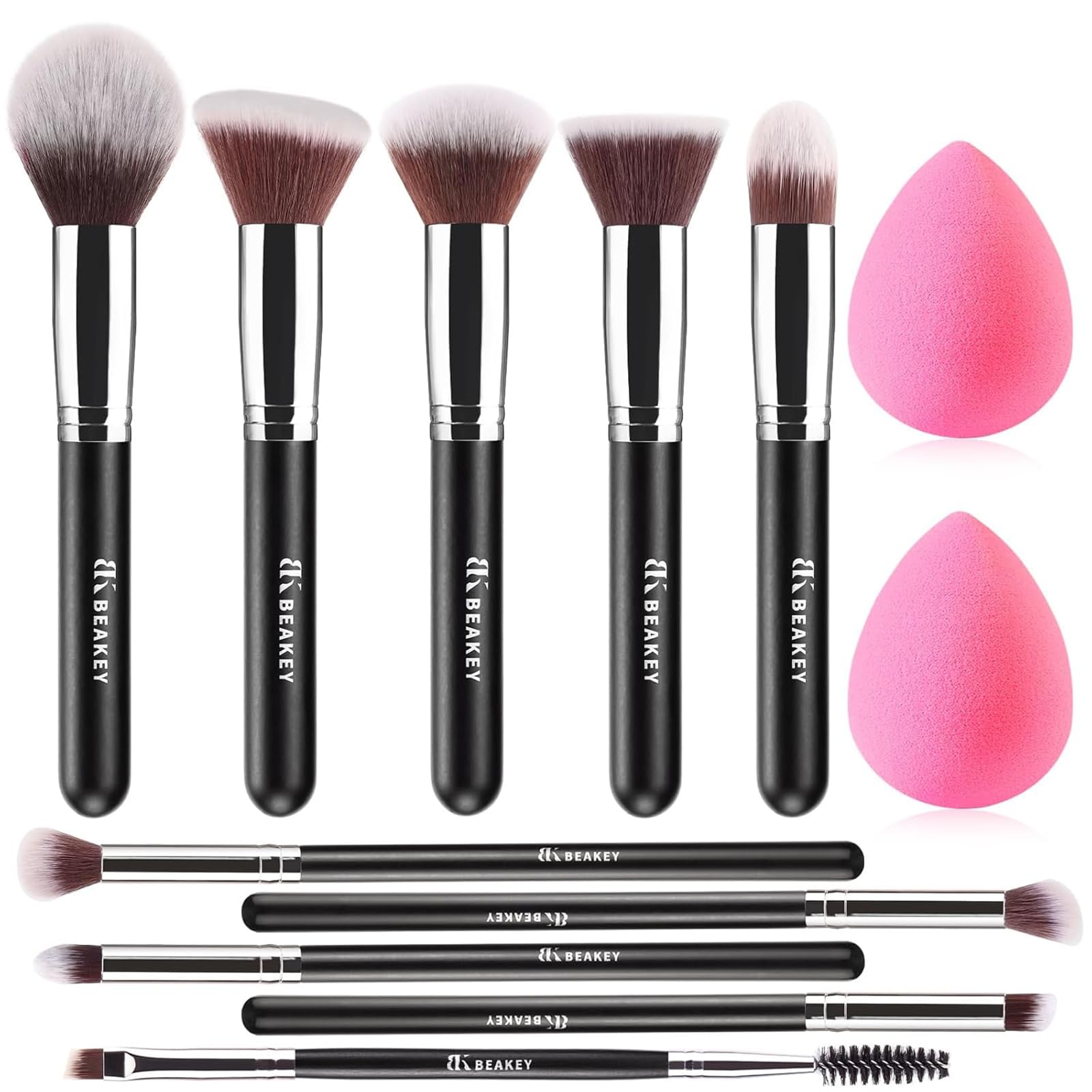BEAKEY Pinceaux Maquillages Professionnel, Pinceau Maquillage Pour Fond de Teint Blush L'anti-cernes Fard à Paupières Poudre Libre, Avec Blender Eponge(10+2pcs, Noir/Argent) Skin Lab