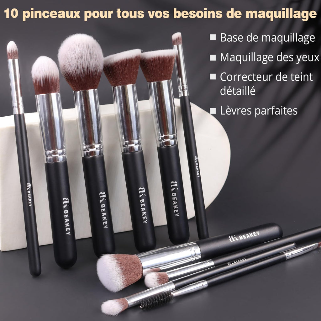 BEAKEY Pinceaux Maquillages Professionnel, Pinceau Maquillage Pour Fond de Teint Blush L'anti-cernes Fard à Paupières Poudre Libre, Avec Blender Eponge(10+2pcs, Noir/Argent) Skin Lab