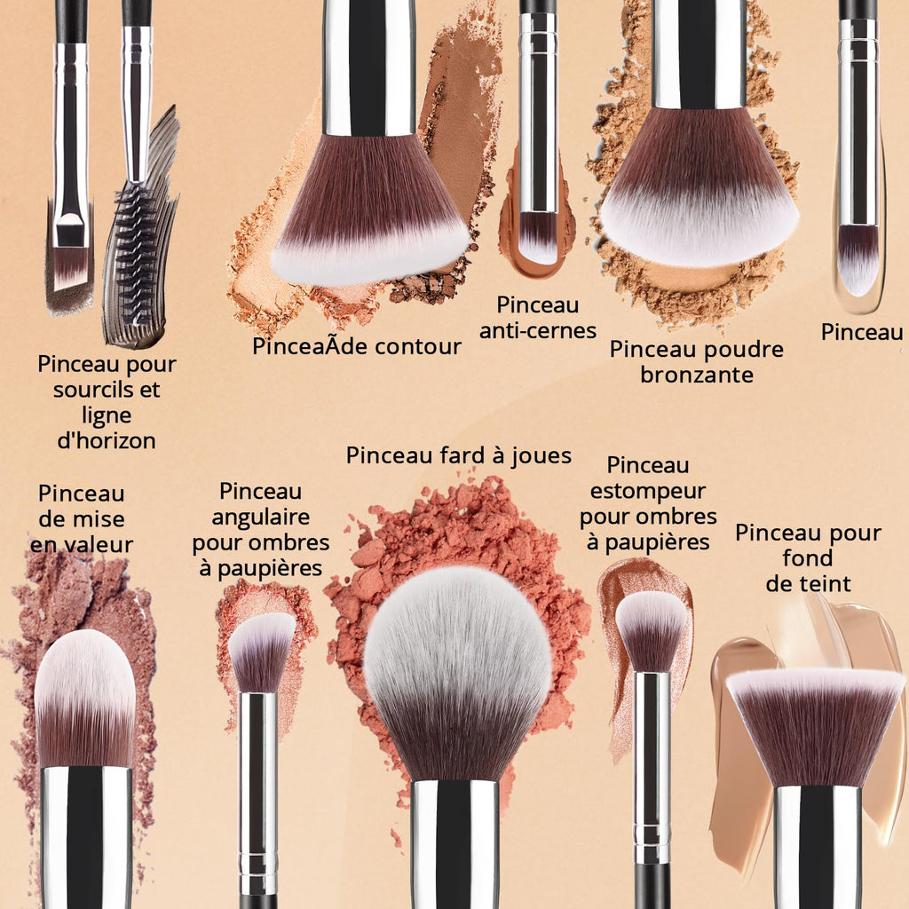 BEAKEY Pinceaux Maquillages Professionnel, Pinceau Maquillage Pour Fond de Teint Blush L'anti-cernes Fard à Paupières Poudre Libre, Avec Blender Eponge(10+2pcs, Noir/Argent) Skin Lab