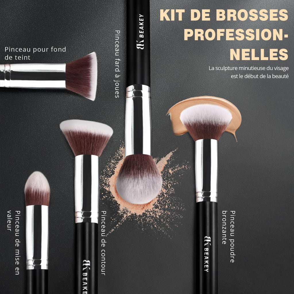 BEAKEY Pinceaux Maquillages Professionnel, Pinceau Maquillage Pour Fond de Teint Blush L'anti-cernes Fard à Paupières Poudre Libre, Avec Blender Eponge(10+2pcs, Noir/Argent) Skin Lab