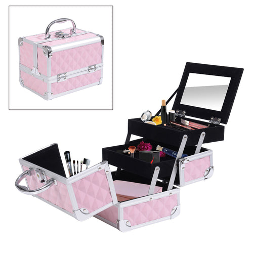 HOMCOM 3 Tier Diamond Texture Makeup Train Case Cosmetic Organizer  NÉVORA